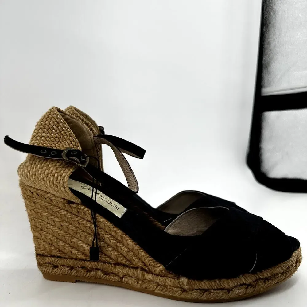 Gaimo Espadrilles Wedge Sandals Cross Strap Peep Toe Ankle Strap Black 10.5 NWOT